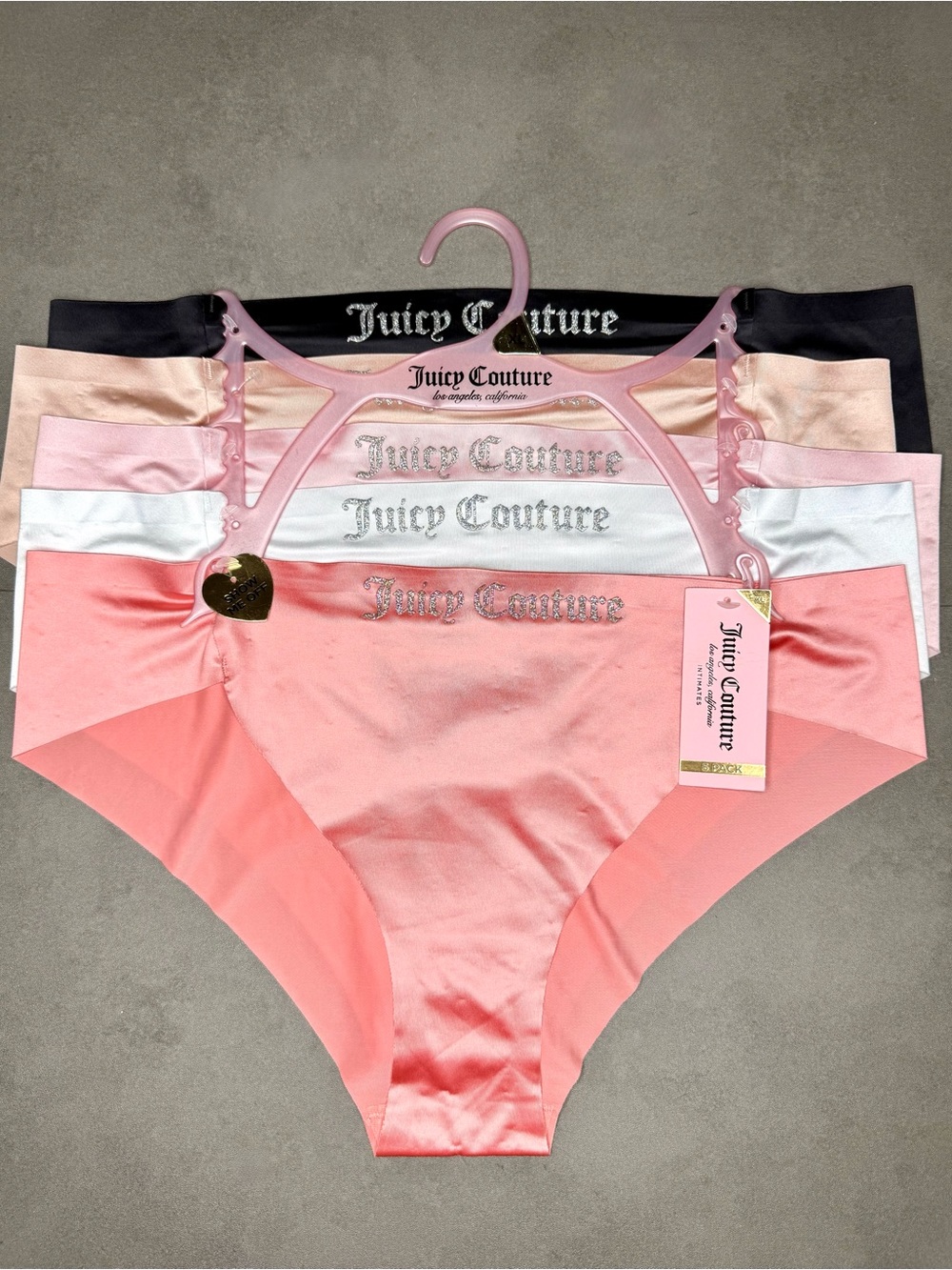 Juicy Couture Satin Bikini Panty 5-Pack in Coral,‎ Blush, White, Black, Cream